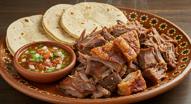 Carnitas con tortillas y salsa